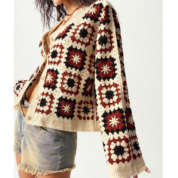 Cozy Crochet Patchwork Button Down Oversized Cardigan - Picture 2 of 7